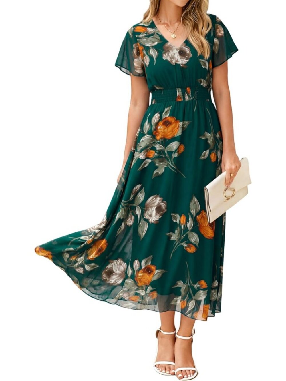 Floral Maxi Dress for Women - Short Sleeve Summer Boho Wedding Guest Chiffon